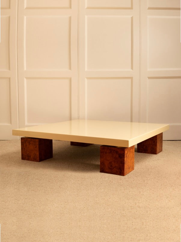 Low-angle view of 1970s wooden coffee table with lacquered top