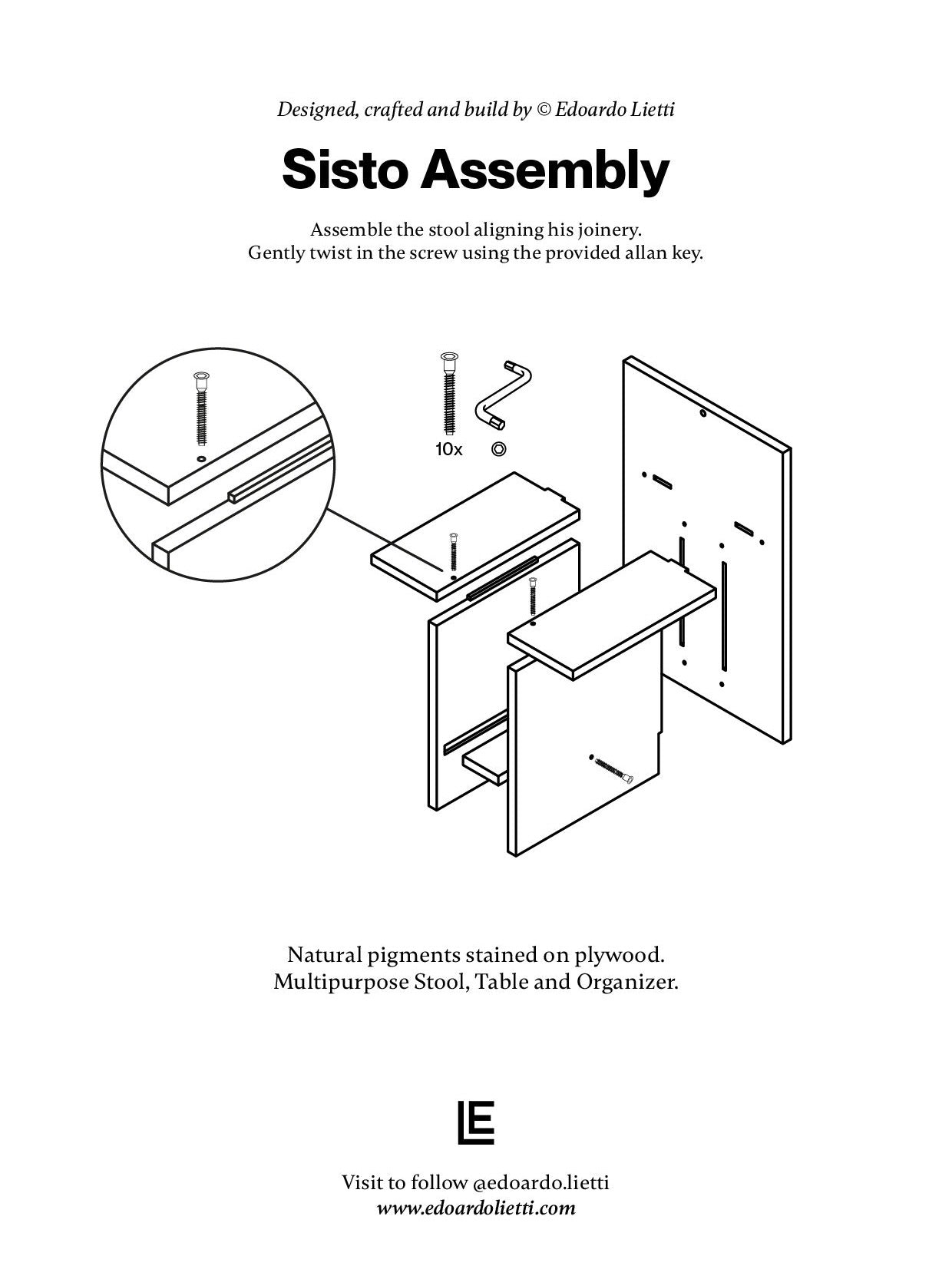 A black and white illustration showcases the assembly steps of the "Sisto" Versatile Wood Chair by Edoardo Lietti Studio, emphasizing its contemporary design. The diagram displays part alignment, insertion of 10 screws, and use of an allen key. Accompanying text elaborates on materials and functionality: multifunctional furniture capable of serving as a chair, table, and organizer. A website link is provided for more information.