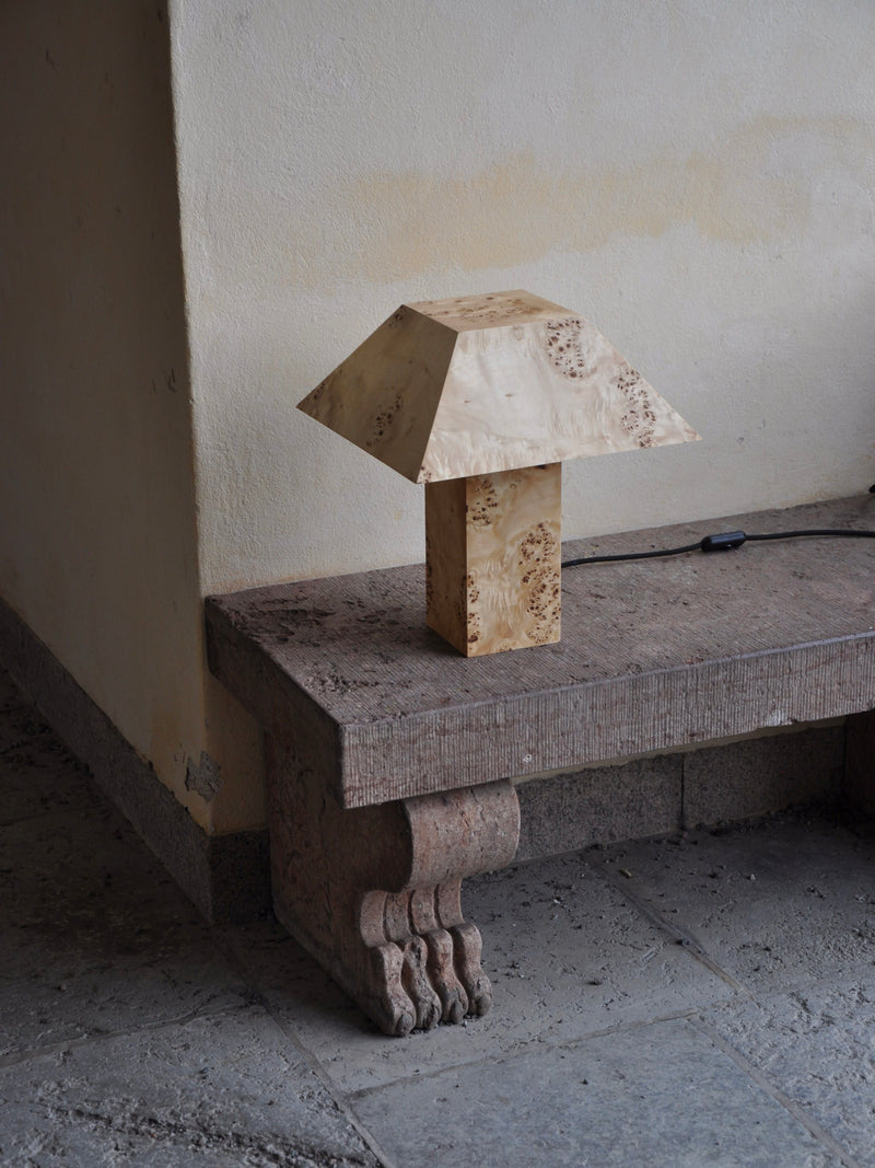 Burr wood table lamp with angular shade by Axel Wannberg