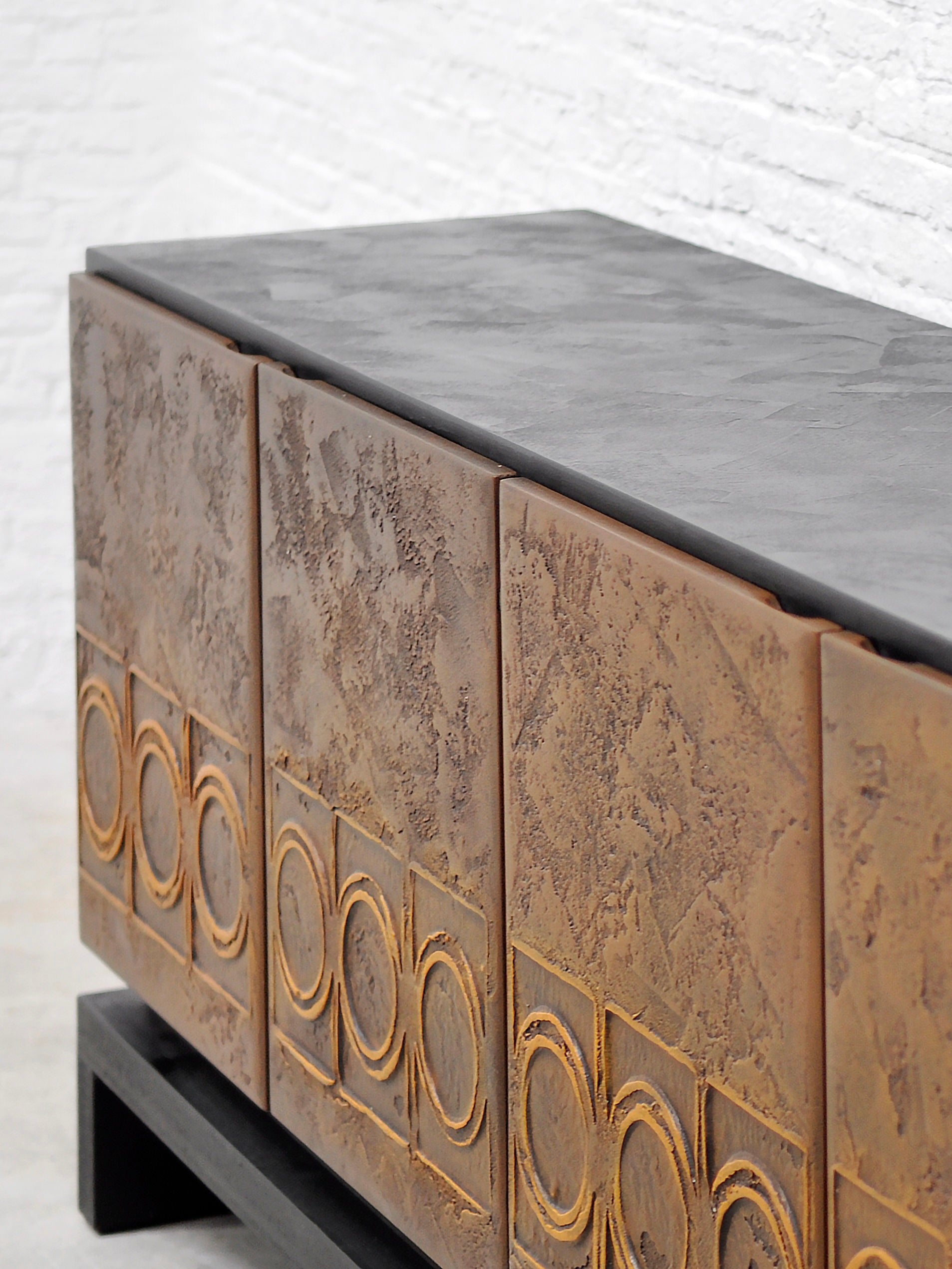 Brutalist Bronze-Clad Sideboard with Textured Wood Frame, 1970's