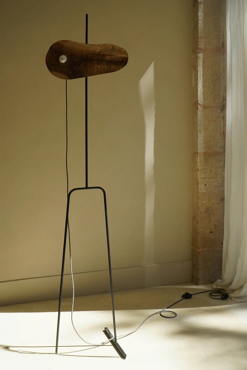 Modern walnut floor lamp with sculptural bird-shaped shade on tripod