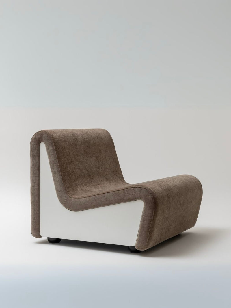 Dialogue upholstered lounge chair in taupe fabric by André Monpoix