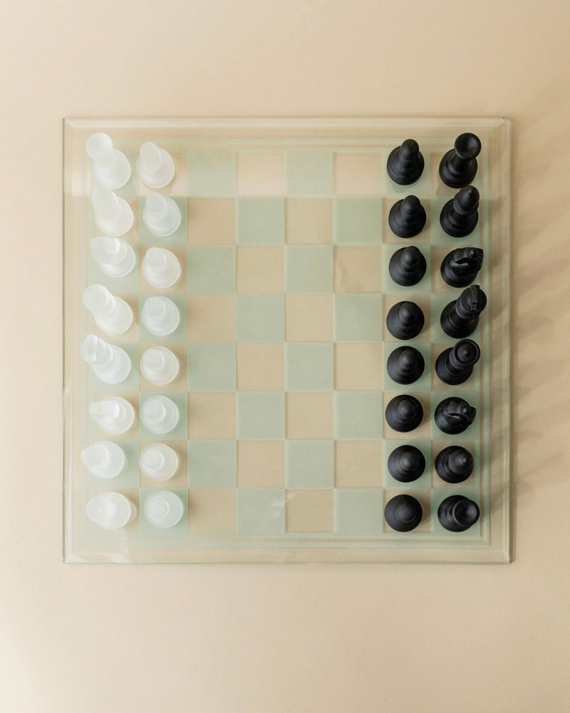 Vintage glass chessboard with white and black pieces, Italy 1980s