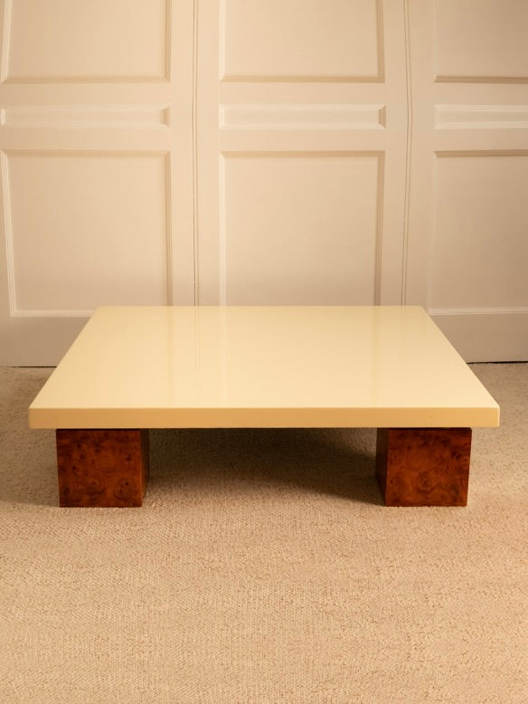 1970s wooden coffee table with lacquered top and burl wood legs