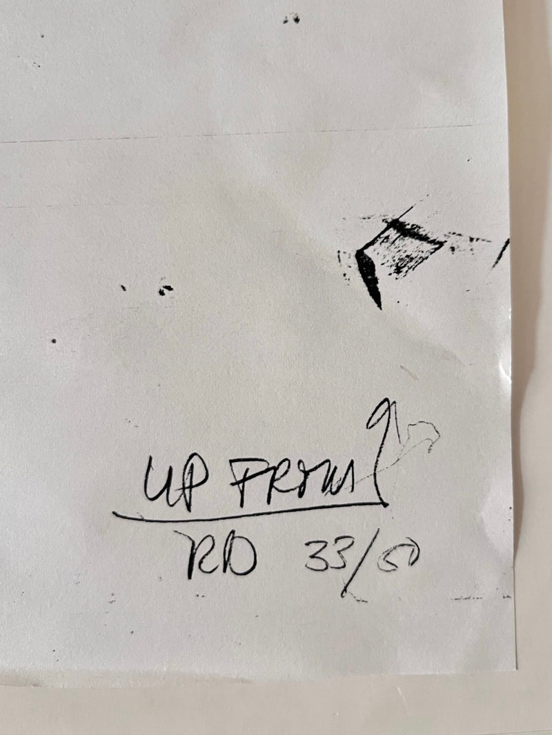 The Richard Nonas Original Lithograph by Médecine features a white paper with handwritten black ink text. "UP FROM" is inscribed, accompanied by an unclear mark. Beneath it, "TRD 33/9" is visible amidst ink smudges and marks, capturing the raw essence of post-minimalist art similar to Richard Nonas' style.