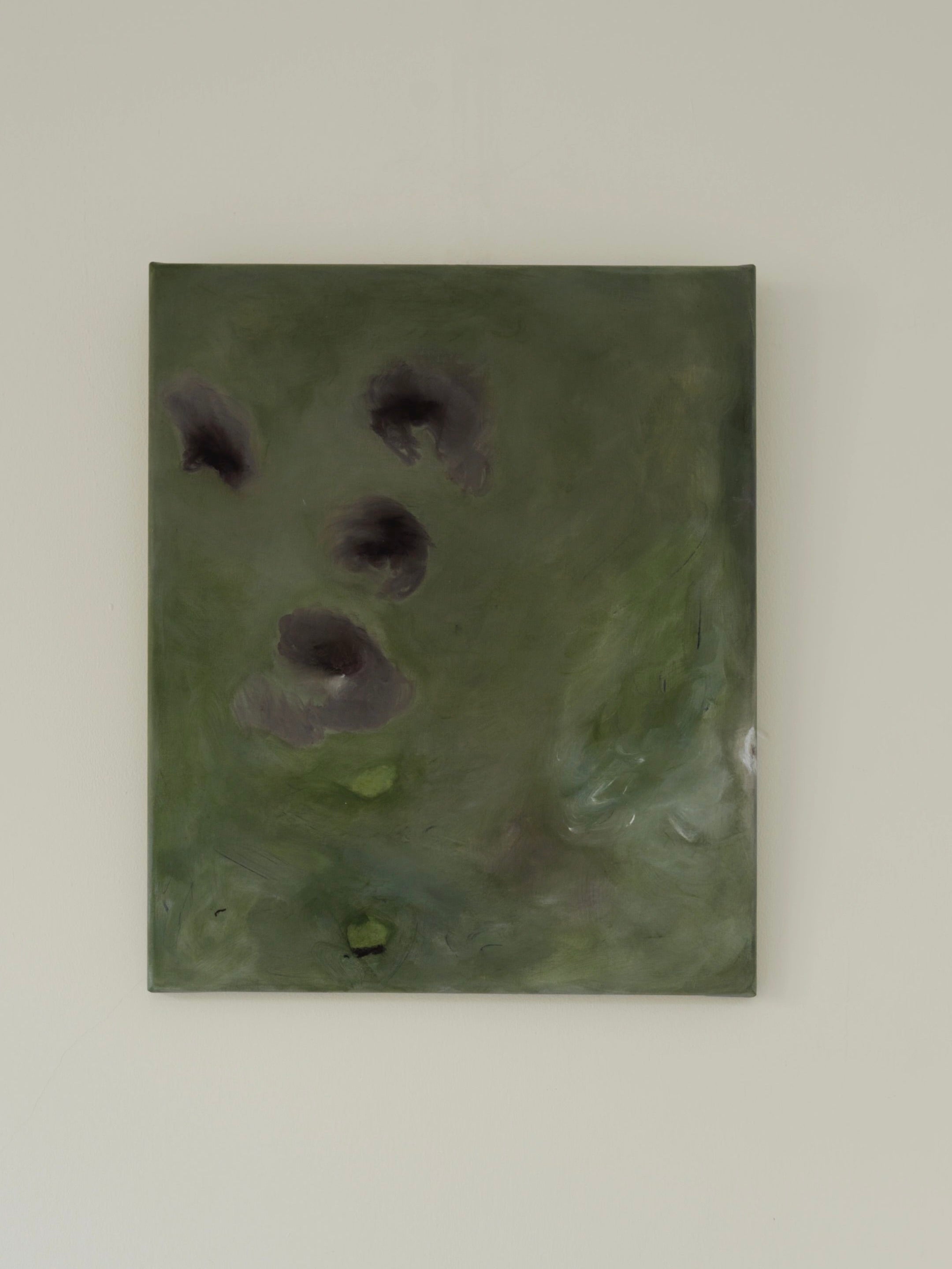 Let go of gravity," an exclusive painting by Yeliza Gevorgyan, features abstract green and gray tones with five dark circles scattered unevenly. The hazy, muted piece has blurred edges on a soft, textured linen surface crafted with natural pigments.