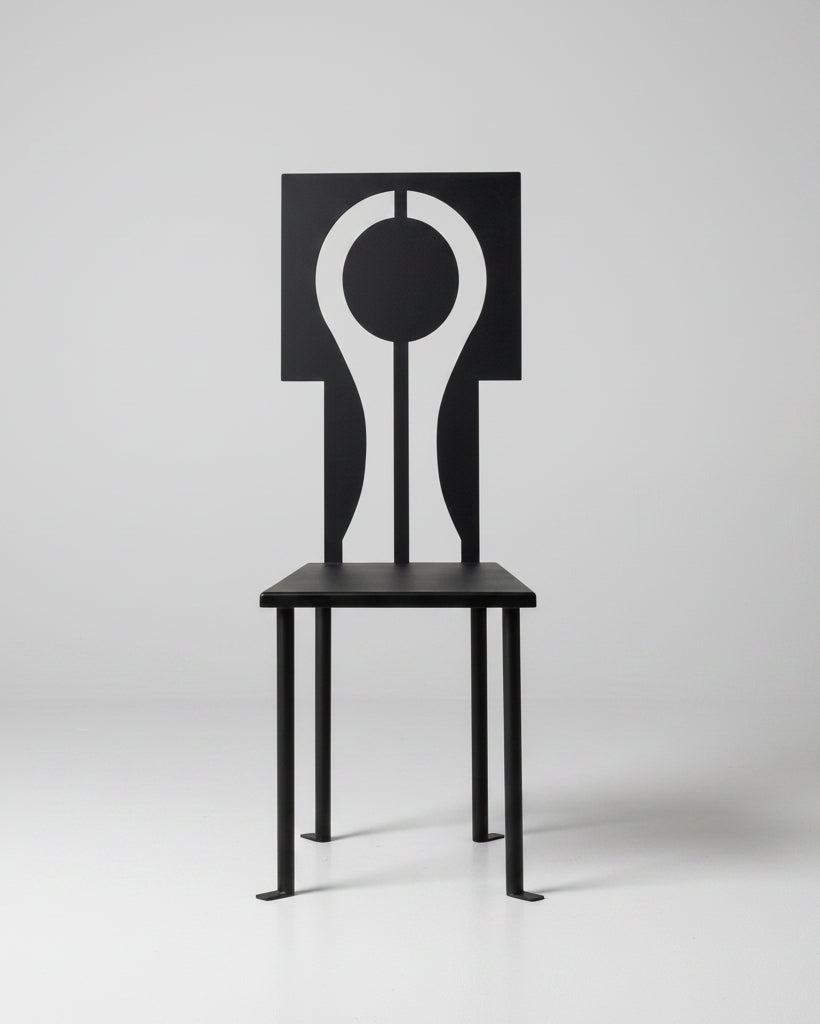 Modern black iron Luna chair with geometric circular backrest cutout