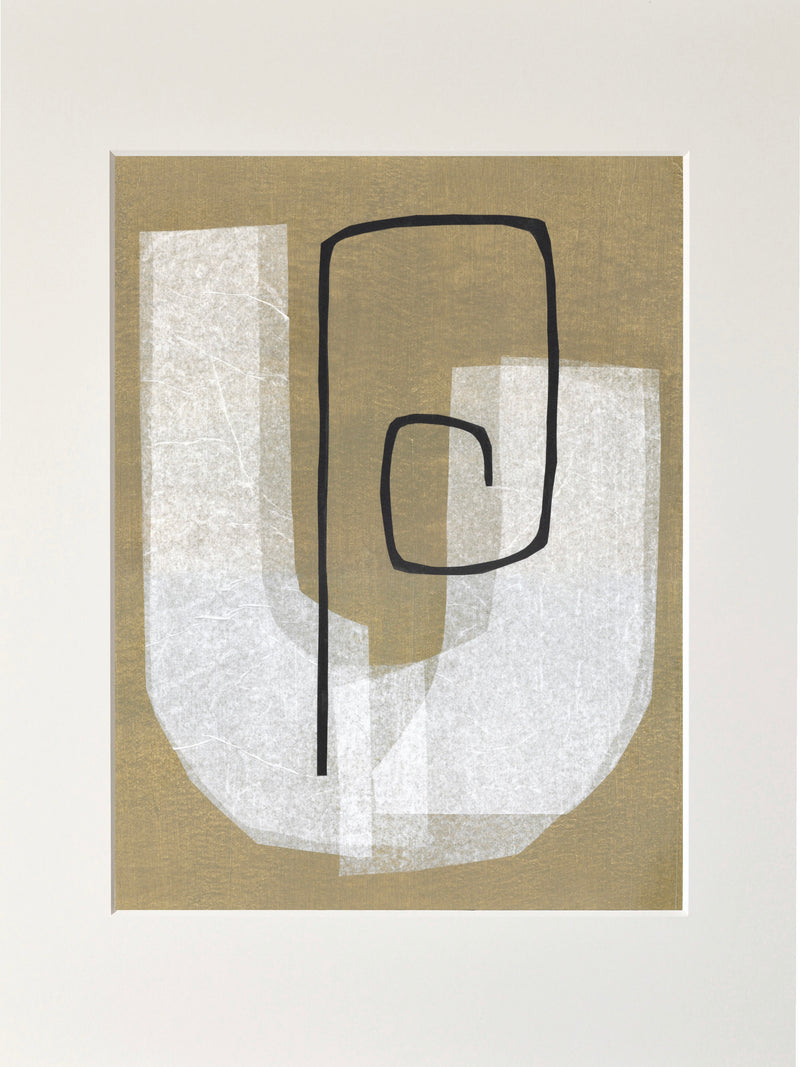Abstract geometric art collage with white letter J on olive background
