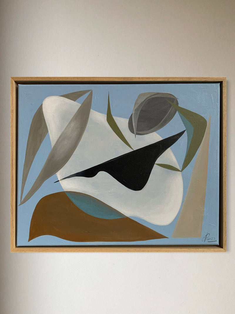 Abstract geometric painting with overlapping curves in blue, white, black and earth tones