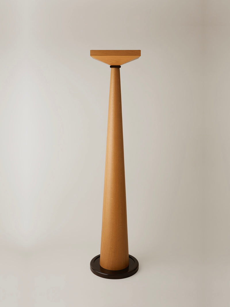 Modern wooden floor lamp with tapered column and circular top shade