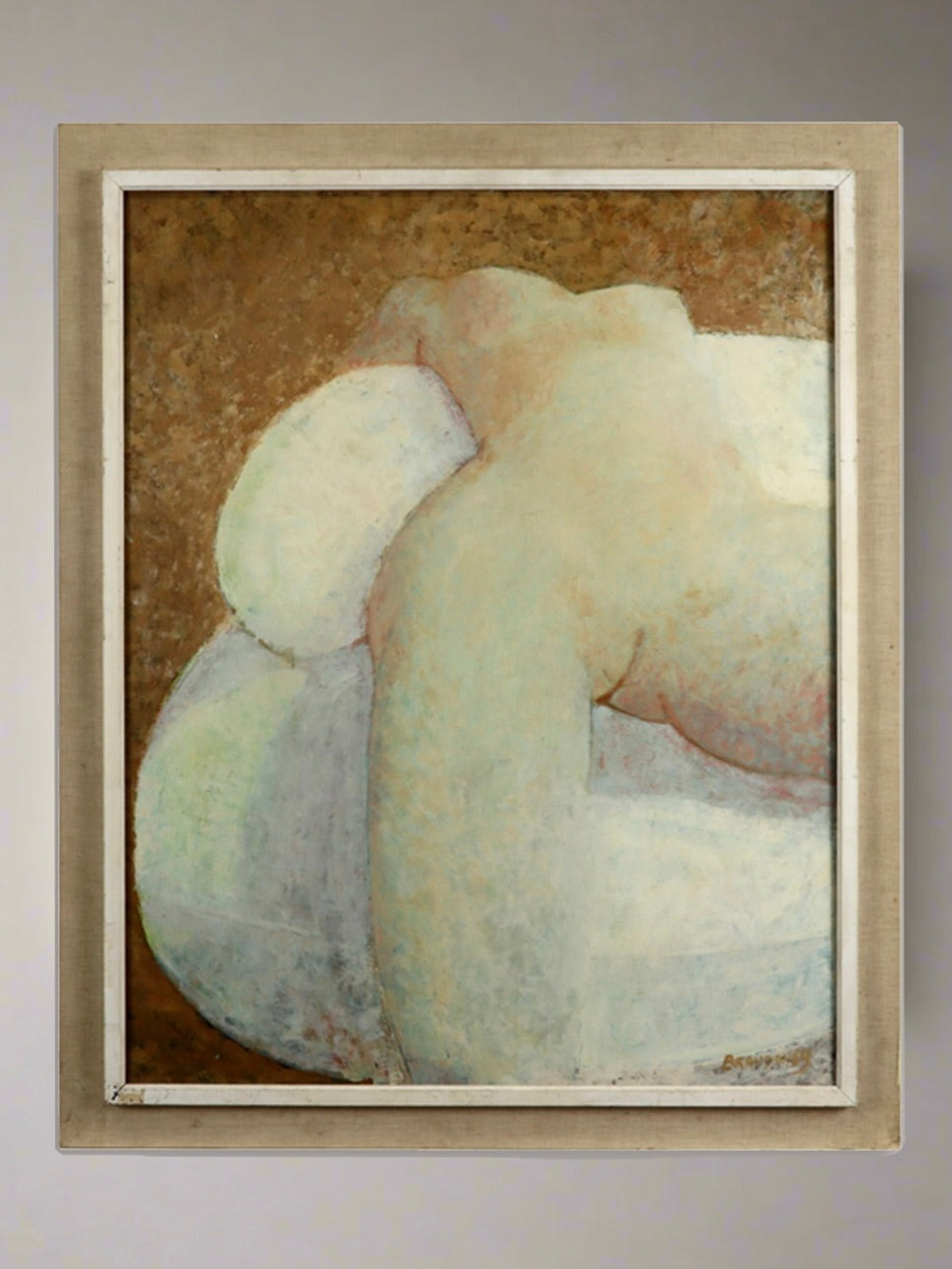 Frédéric Brandon's oil on canvas, *Femme au Fauteuil*, available through RELIC LONDON, captures the essence of narrative figuration with an abstract reclining human figure in muted whites, greens, and browns. The figure appears to lie on its back with its head tilted back and arms resting at its sides. The background showcases a textured gradient of brown and white.