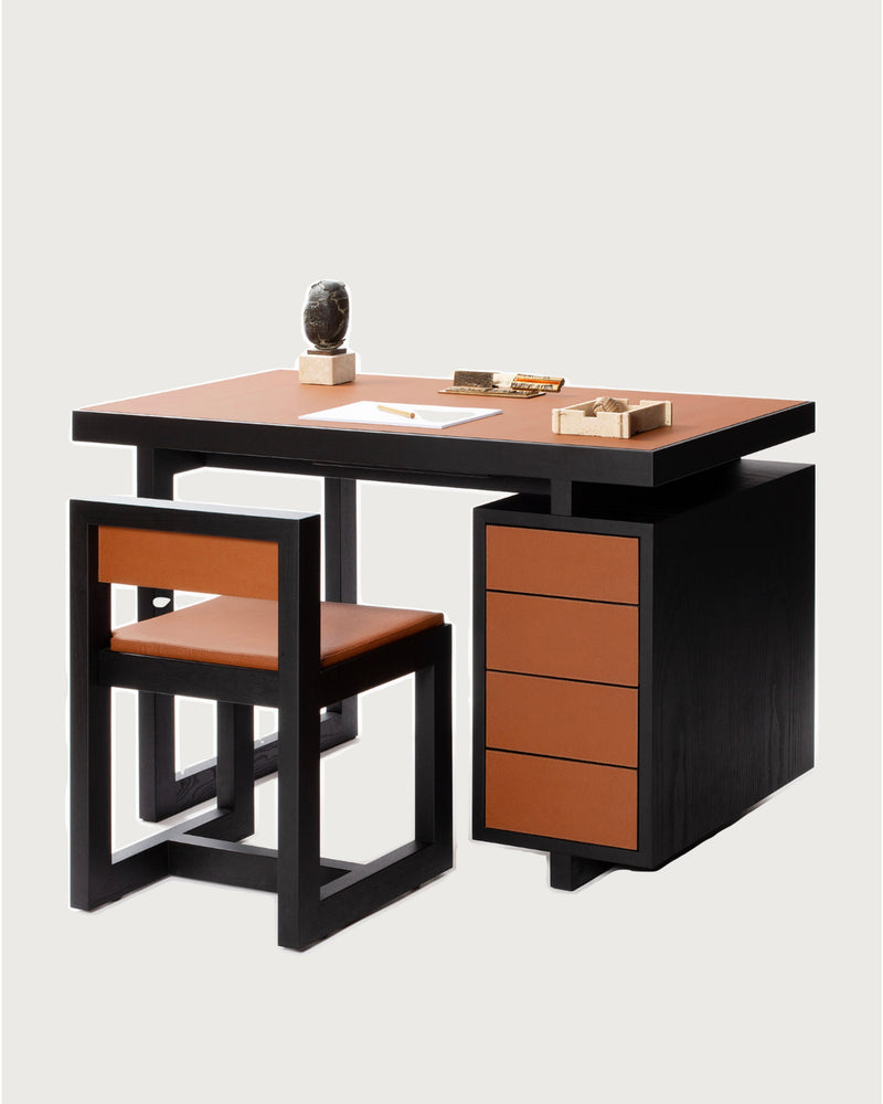 Modern black and cognac leather desk set with drawers and chair