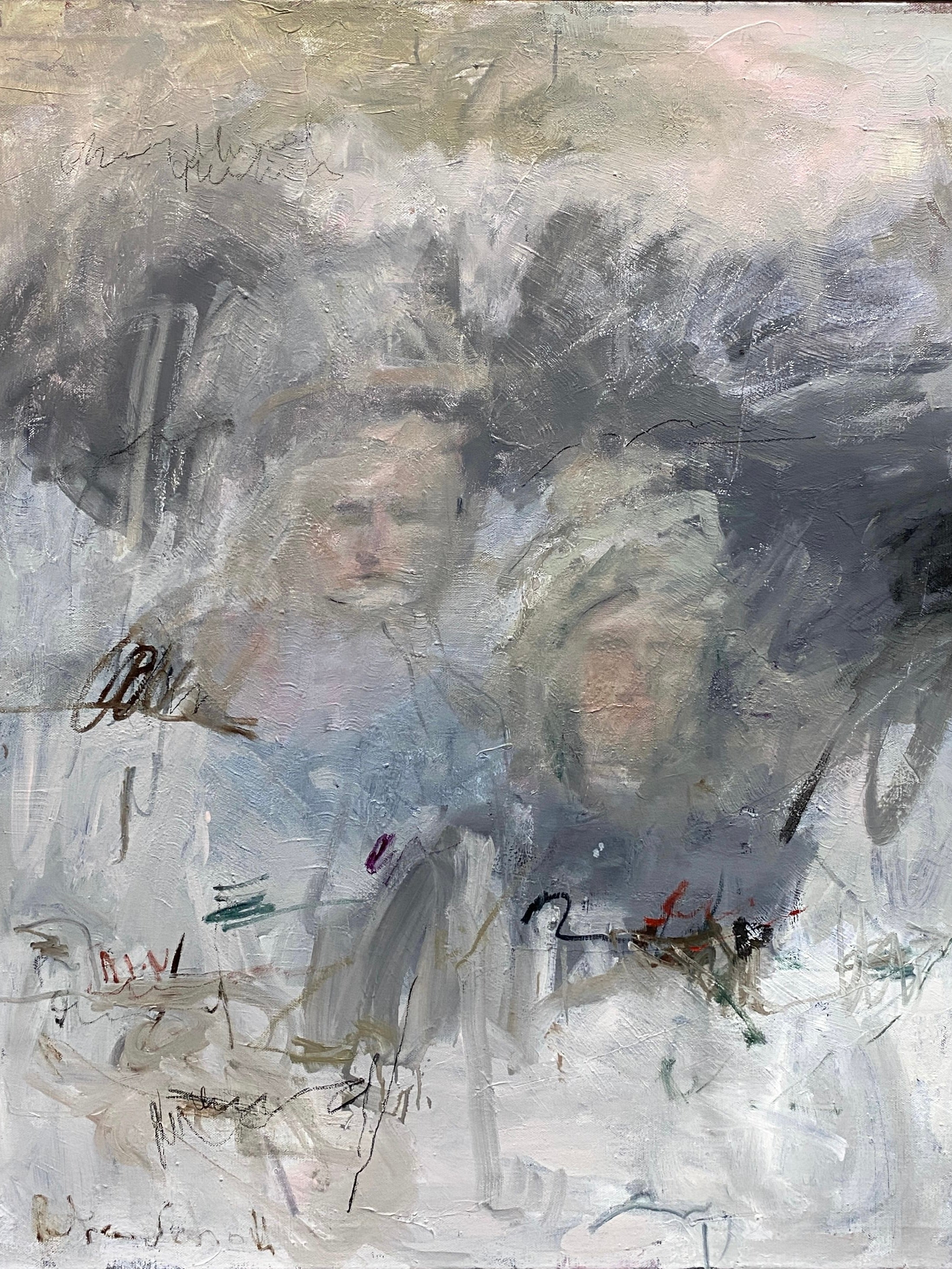 Memory's Veil" by Petra Schott is an abstract oil on canvas, depicting ghostly faces amid swirling gray, blue, and white brushstrokes. Dark lines and scribbles create texture and depth, evoking fading memories through elusive human figures.