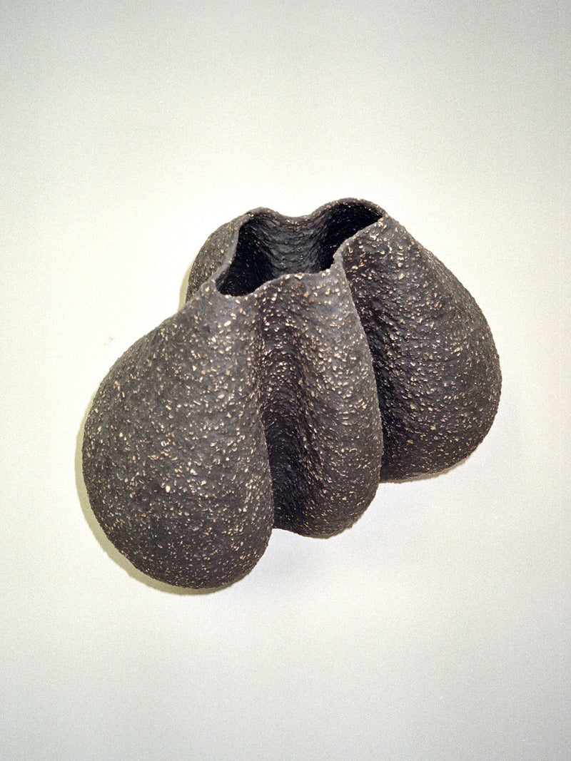 The Growing Vase n.1 by Aiste Bagdonaite features dark, textured stoneware with three rounded sections and a single top opening—an artful piece that adds character to any decor.