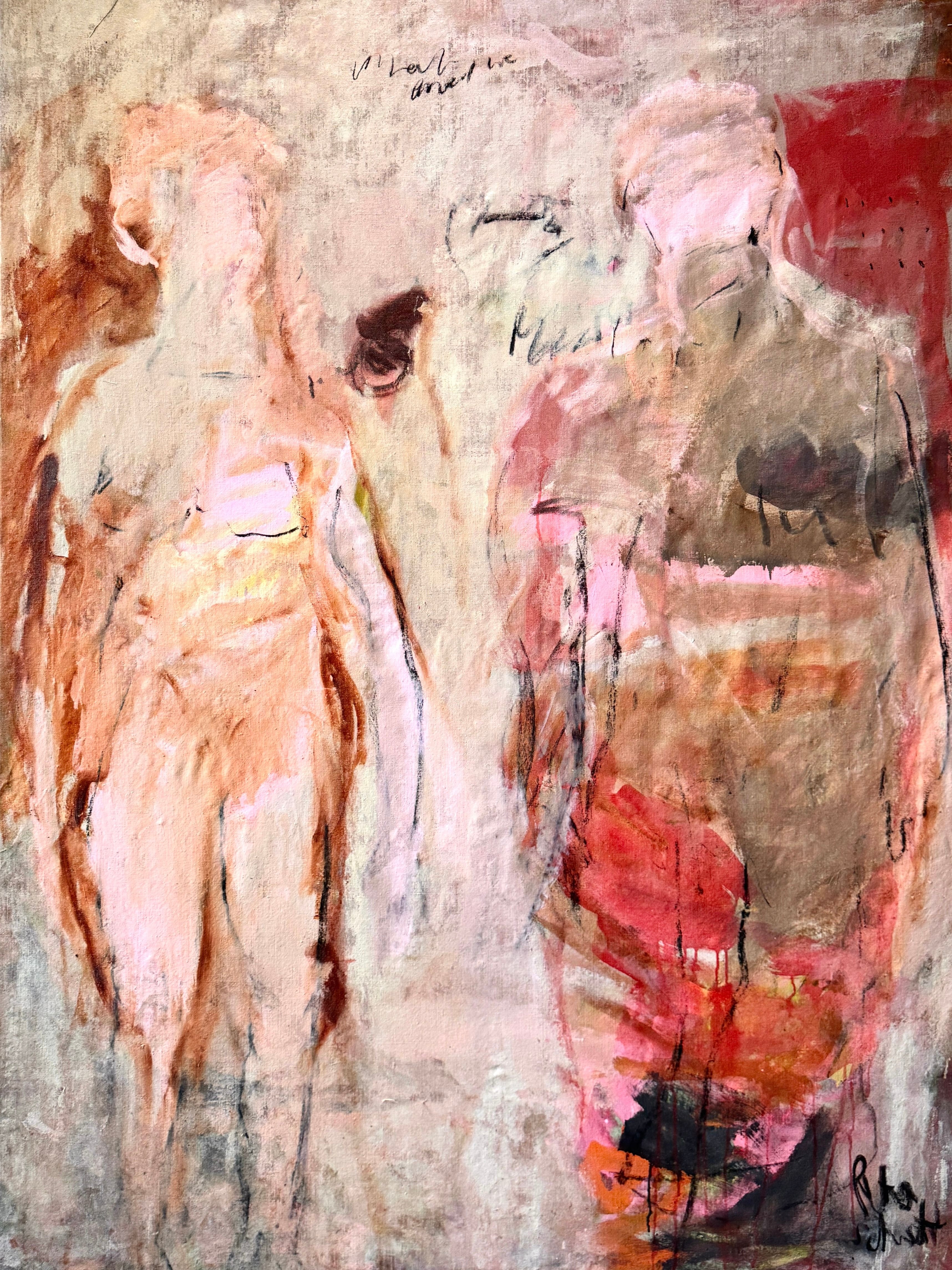 What We Love" by Petra Schott is an abstract oil painting featuring two figures in earth tones with pink and red accents. They blend into a textured beige-and-white canvas, with faint scribbles above, creating an ethereal beauty that blurs reality and fiction.