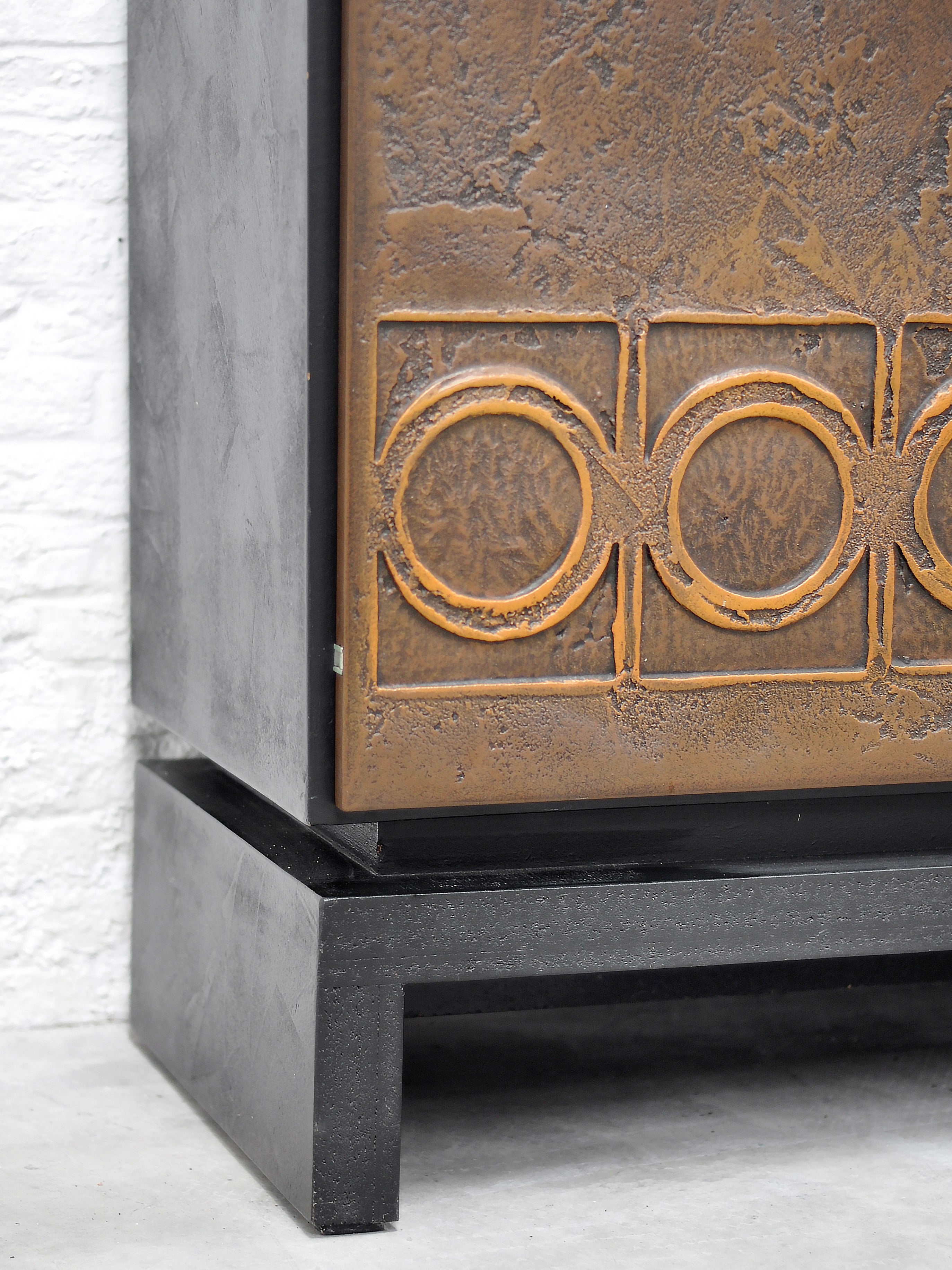 Brutalist Bronze-Clad Sideboard with Textured Wood Frame, 1970's