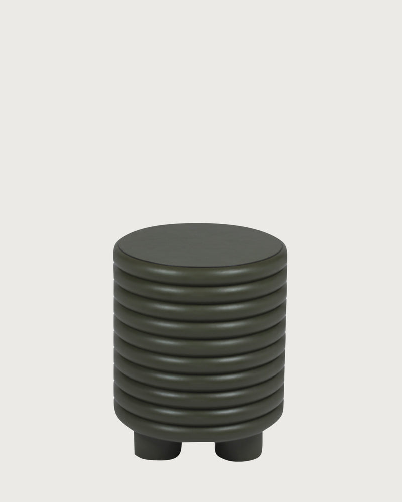 Dark green ribbed leather cylindrical stool with wooden legs