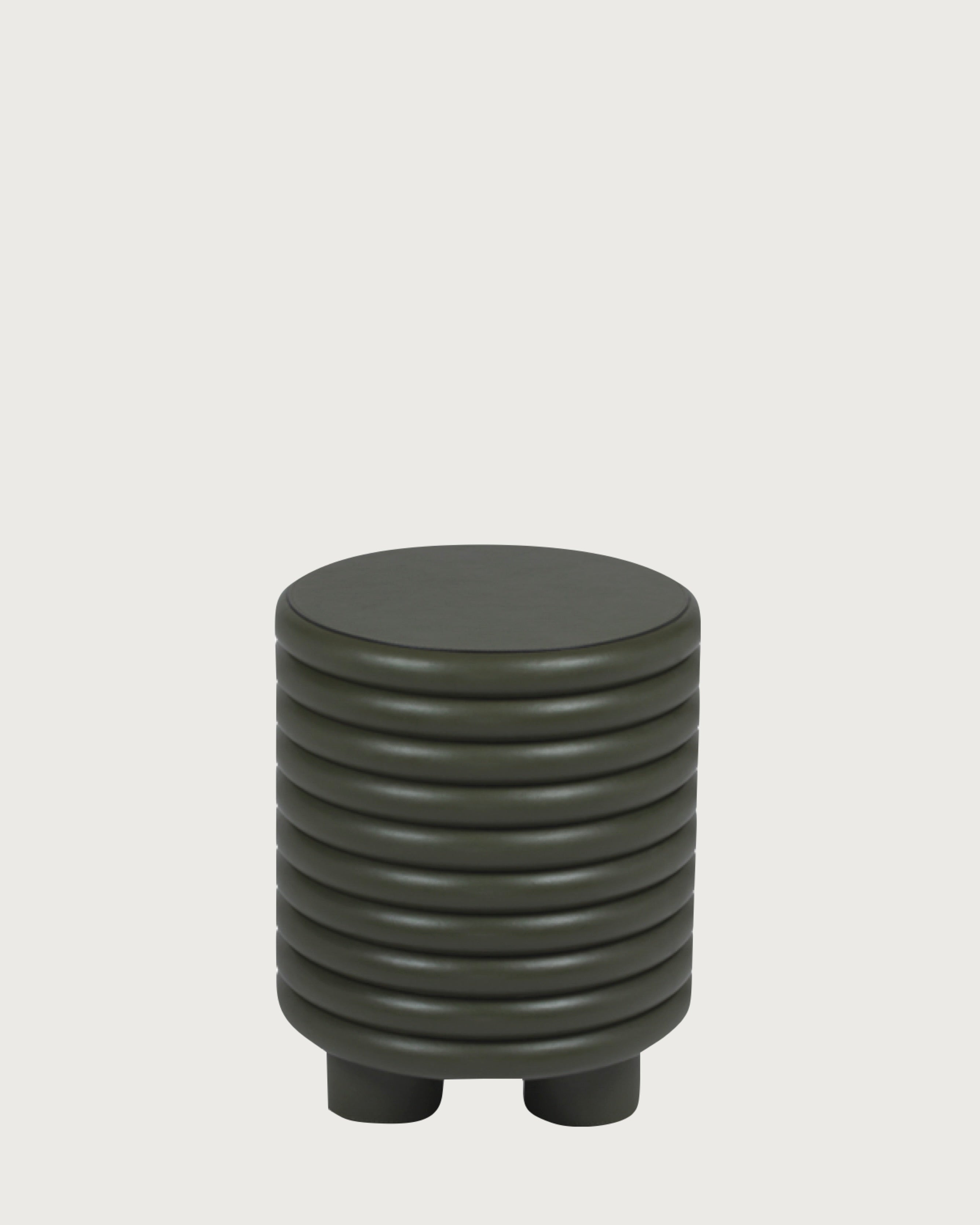 Dark green ribbed leather cylindrical stool with wooden legs