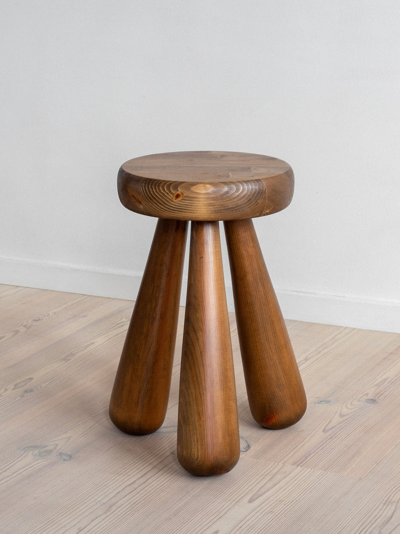 Vintage pine wooden stool with round seat and four tapered legs