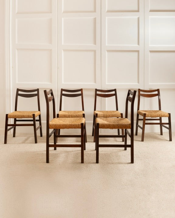 Set of 6 vintage Italian dining chairs with rush seats, 1960s
