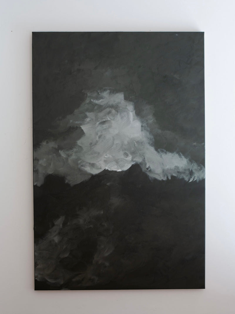 Abstract monochrome painting with white clouds over dark landscape