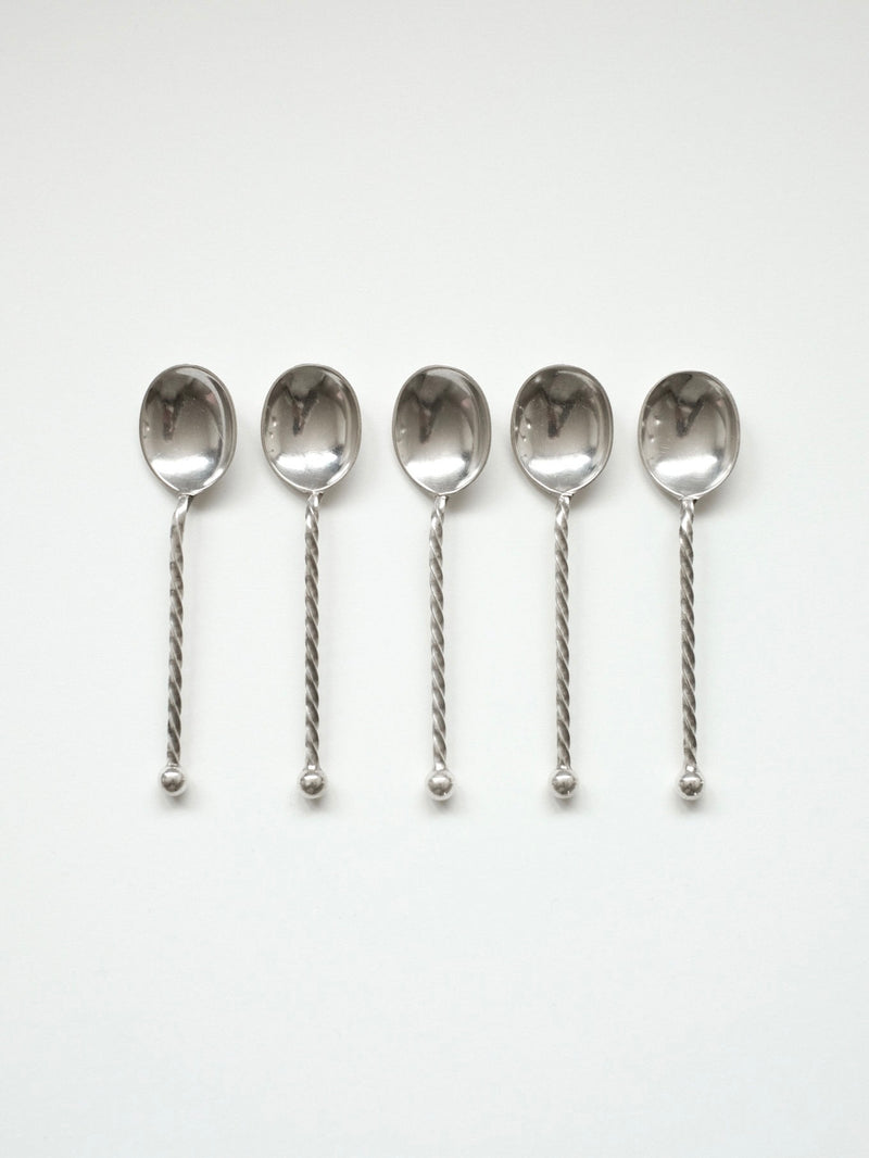 Set of five silver-plated spoons with twisted rope handles