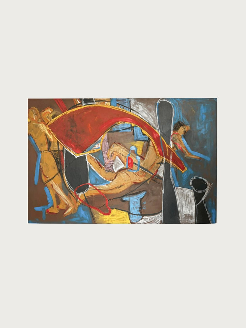 Daydreaming" by Dovile Bernotaite is an abstract painting with a dynamic composition featuring bold colors and a chaotic arrangement of shapes. Dominant hues include red, blue, brown, and black, with bold, sweeping lines and fragmented forms scattered throughout. Central red arc shape and abstract figures add an energetic feel. Painted using acrylic, oil pastel, and charcoal on canvas.