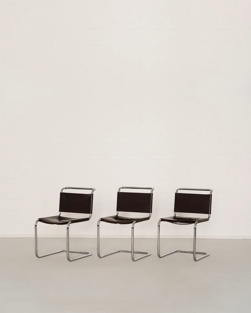 Three black leather B33 cantilever chairs by Marcel Breuer