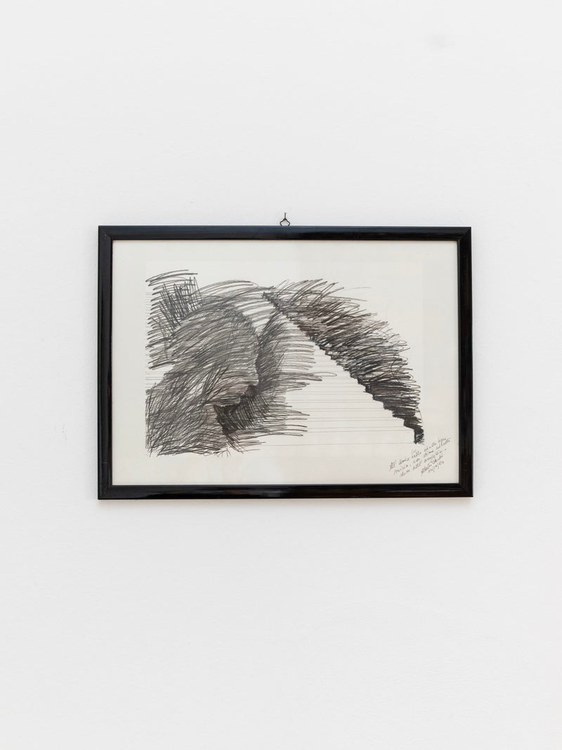 An Original Drawing, Abstract Motif in Wooden Frame from the 1960s, crafted by Bottega Jacobs in Italy, is displayed on a white wall. This artwork showcases dark swirling pencil strokes and zigzag lines that form a dynamic and textured composition, complete with handwritten notes in the lower right corner of the paper.
