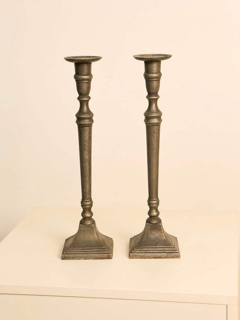 Italian cast aluminum candleholders pair with turned stems 1960s