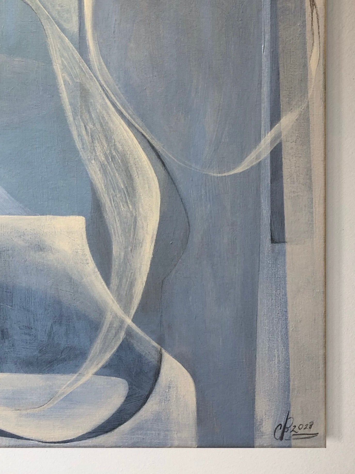 In Soft Haze, 2023" by Cate Adriana showcases an abstract painting with swirling, curved lines in shades of blue, white, and gray on a 3D linen canvas. The composition exudes a soft, flowing feel with interwoven shapes and textures crafted from acrylics to evoke a sense of movement. The artist's visible signature "CP2023" is located in the lower right corner.