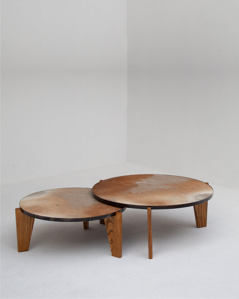 2 Coffee Tables in Wood and Cowhide by Malata Antwerp | The Oblist — modern wood and cowhide design