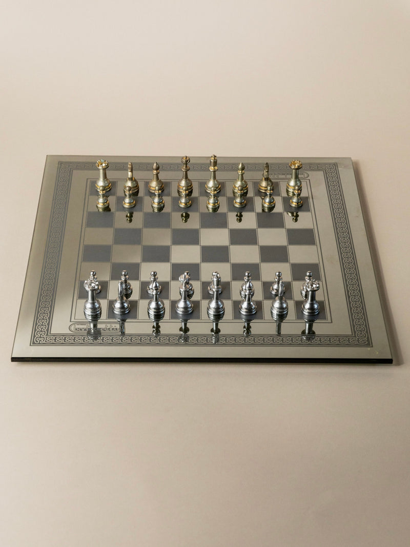 Mirrored chessboard with metallic pieces by Bartoletti Italy 1980s
