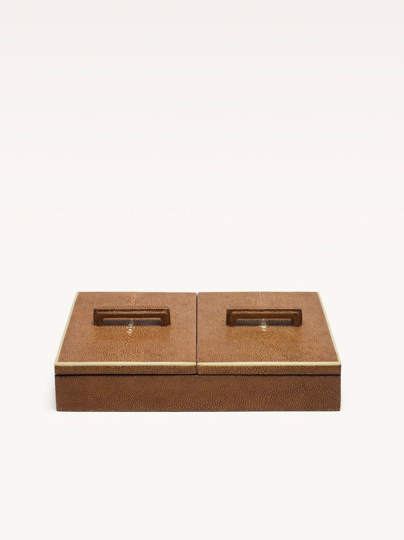 Brown shagreen decorative box with dual compartments and brass handles