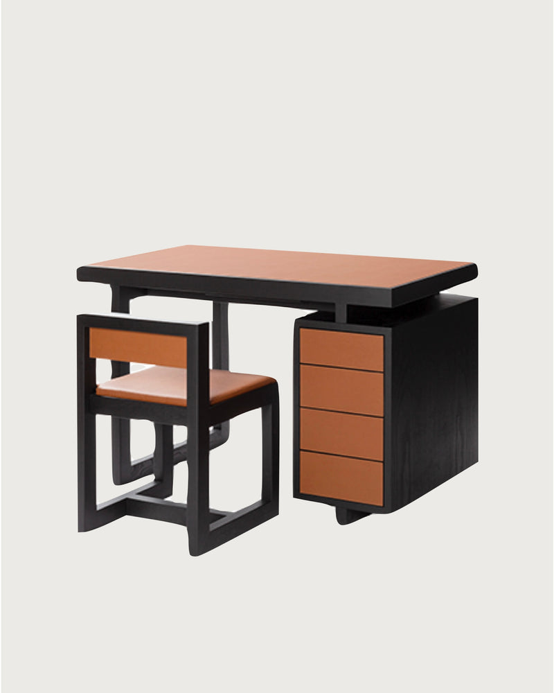 Modern Twain desk and chair set in black ebony with tan leather accents