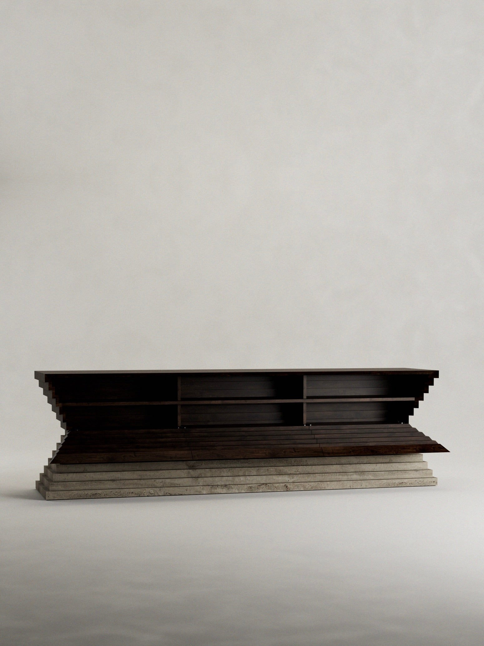 The "Calakmul" Sideboard by Siete Studio is a dark, rectangular piece with an inverted stepped design, crafted from solid walnut. Its modern elegance is accentuated against a light gray background, appearing to float subtly on a hidden travertine base.