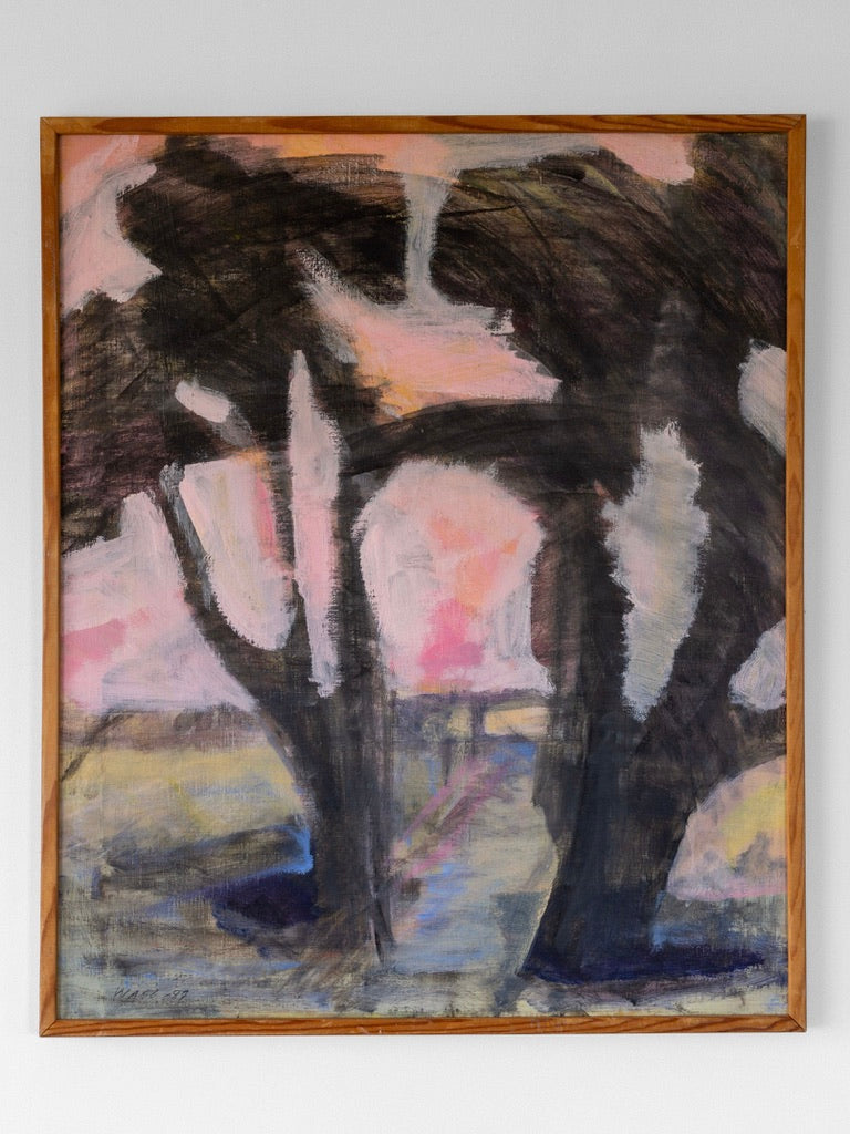 The Vintage Abstract Landscape Painting by Spigel, crafted in Sweden during the 1980s, showcases blurred, dark tree silhouettes set against a backdrop of soft pastel colors such as pink, purple, and blue. The trees dominate the composition, creating a mysterious and dreamlike landscape. This artwork is framed in a light brown wooden frame.