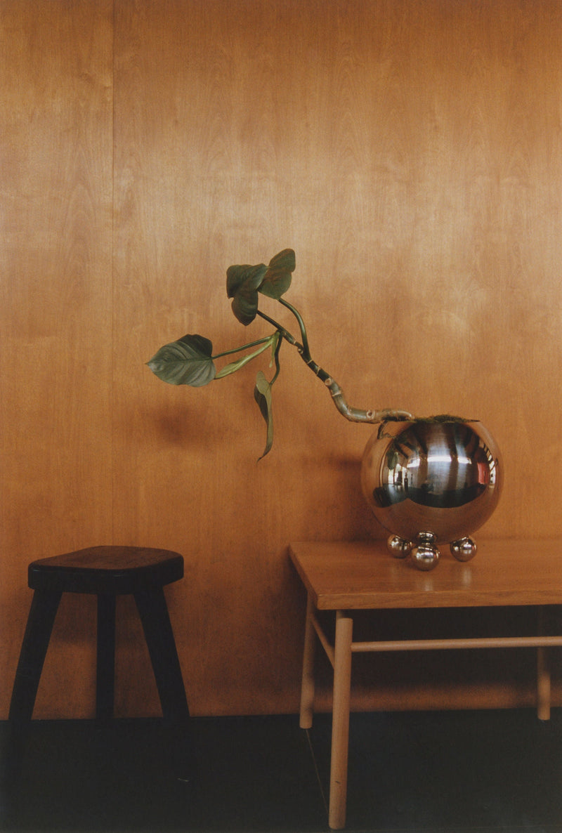 A minimalist interior features a wooden stool on the left and a wooden table on the right. On the table, there is a shiny stainless steel Selene Planter, Medium from MUHLY with a long, curving branch of green leaves. Three small metallic spheres are also arranged on the table next to the planter.