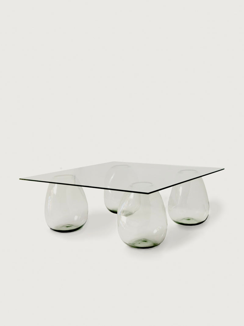 Modern glass coffee table with three blown glass bubble bases
