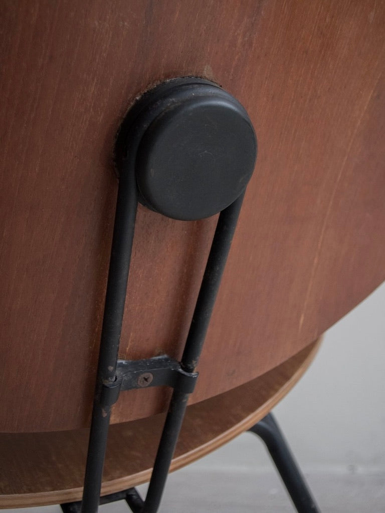 Close-up of the Osvaldo Borsani - P31 chair by Bicci de' Medici, showcasing its mid-century modern design with a dark wood round backrest and black metal frame. The circular black bracket secures the structure against a light-colored wall in the background.