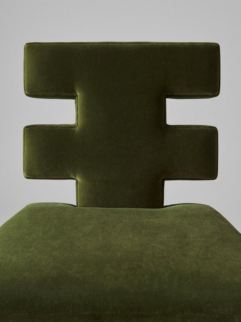 H Chair olive green velvet upholstery detail view