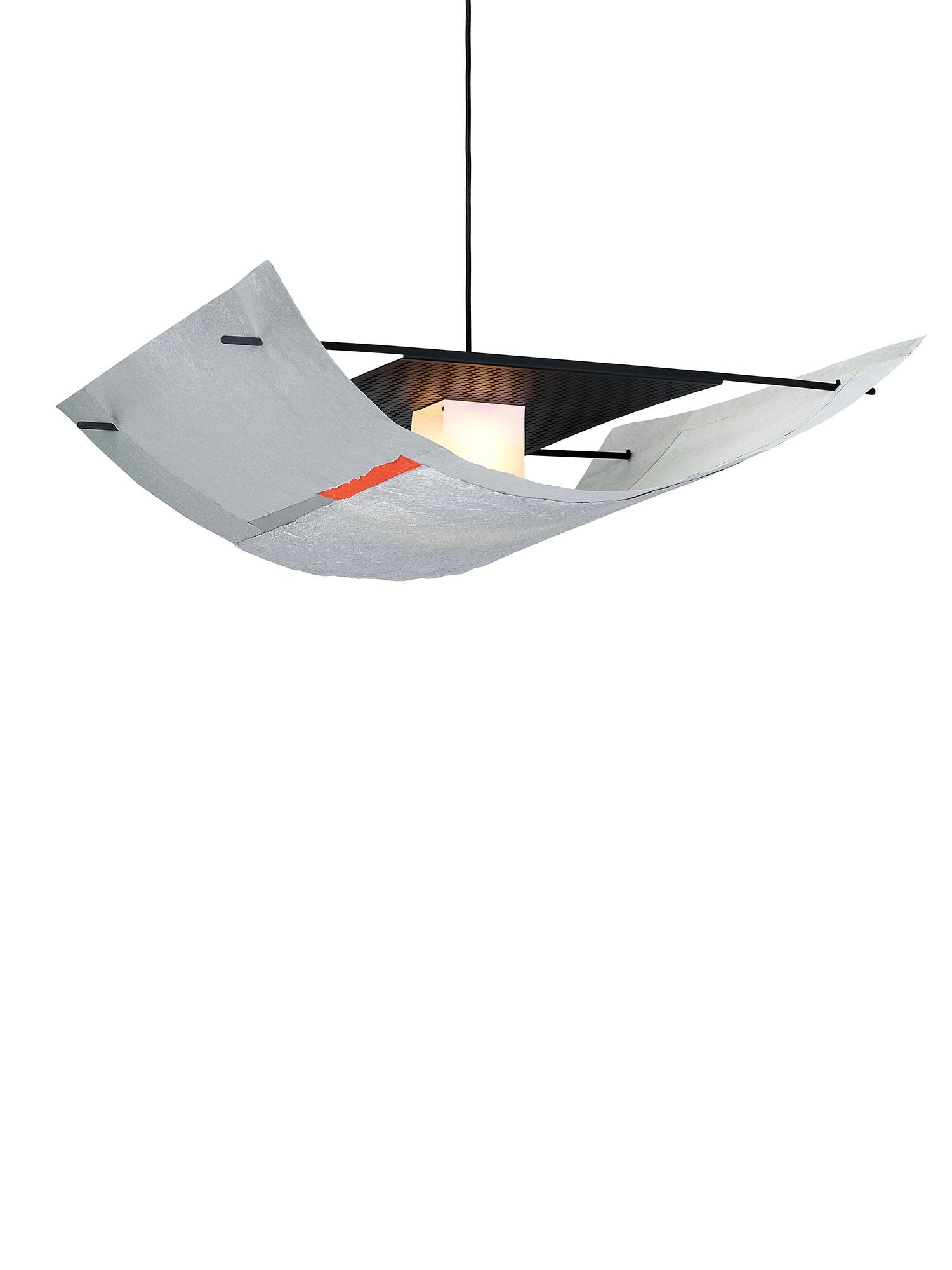 The Sail Pendant Light – Lava by TEGET features a stylish square, curved metal shade with a brushed finish and a central white frosted bulb. This elegant design hangs from a thin black wire against a white background, adding sophistication to any space.