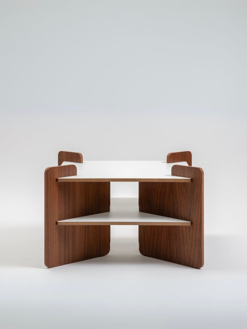 Modern walnut side table with white shelves and curved supports