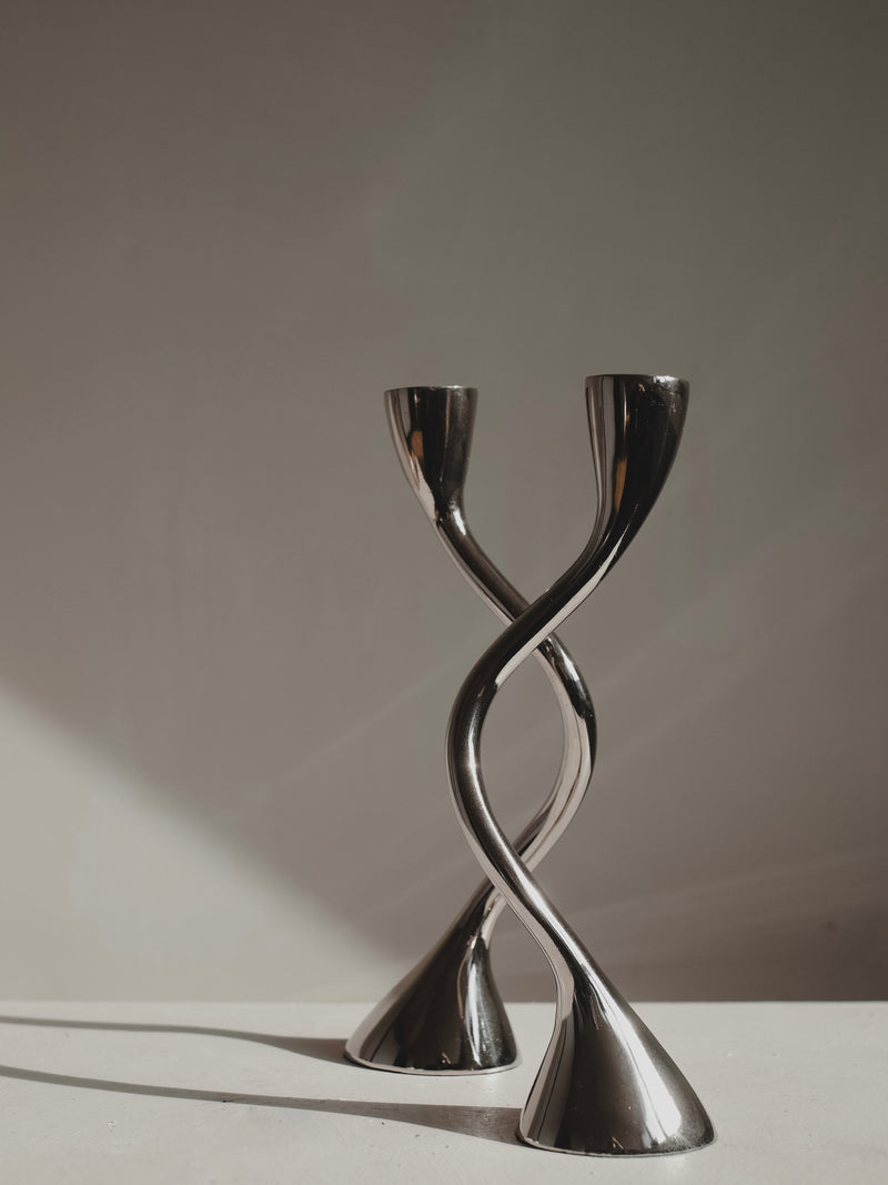 Pair of twisted chrome candleholders with zigzag design 1970s