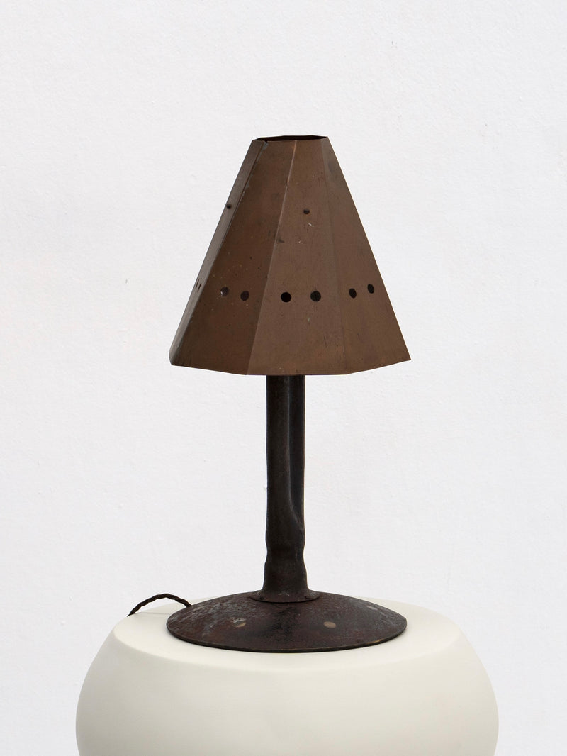 Brutalist tole table lamp with perforated conical shade on round base