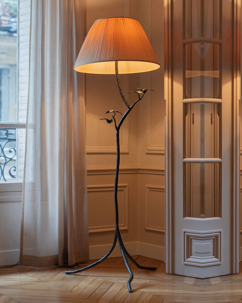 Clematis floor lamp with twisted metal branch base and pleated shade