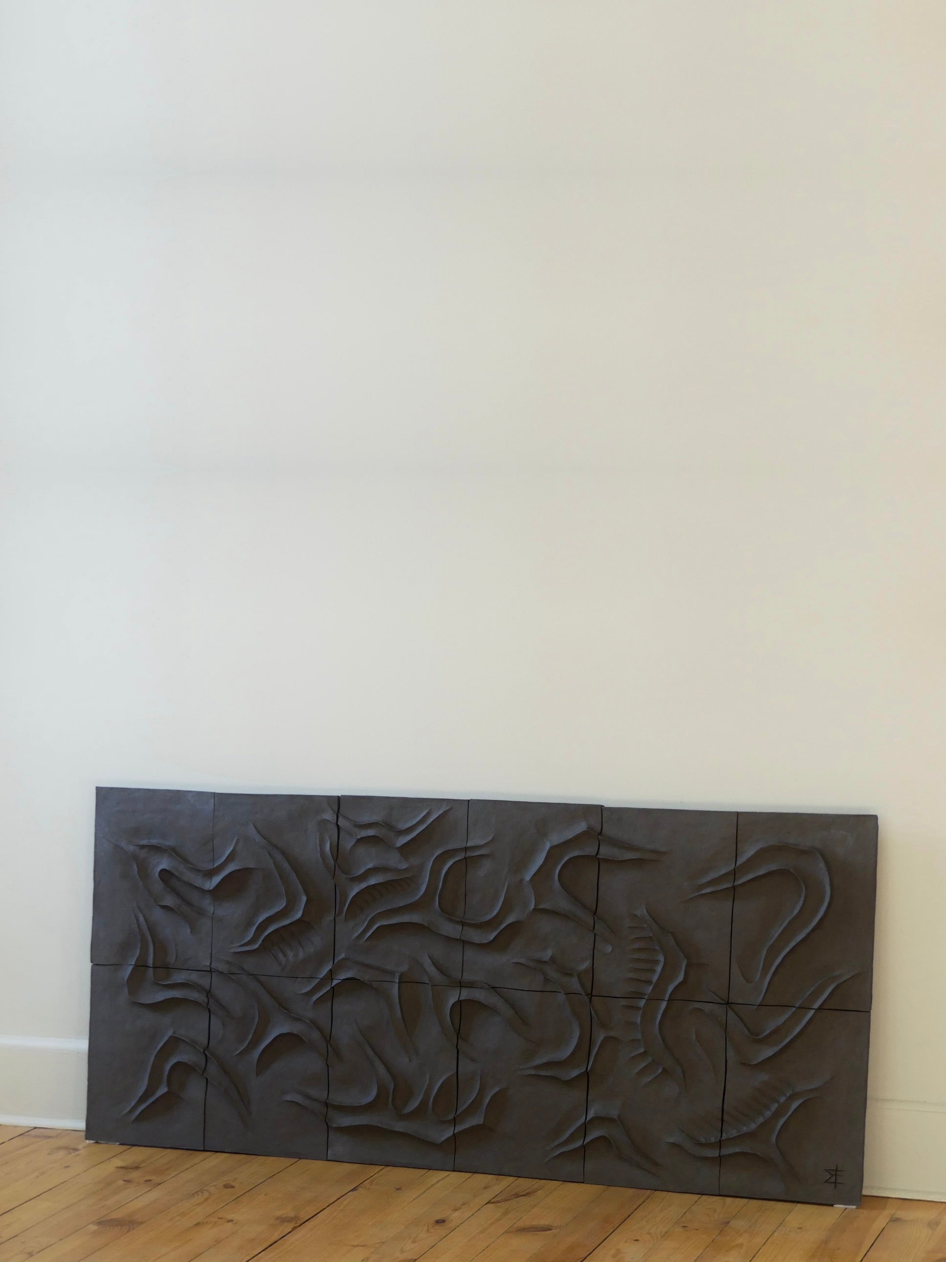 The Franck Scala Caldeira Wall Sculpture from the RELIEFS 2025 Collection features a dark, abstract relief against a white wall on wood flooring. It showcases wavy, textured patterns and multiple rectangular segments in elegant harmony.