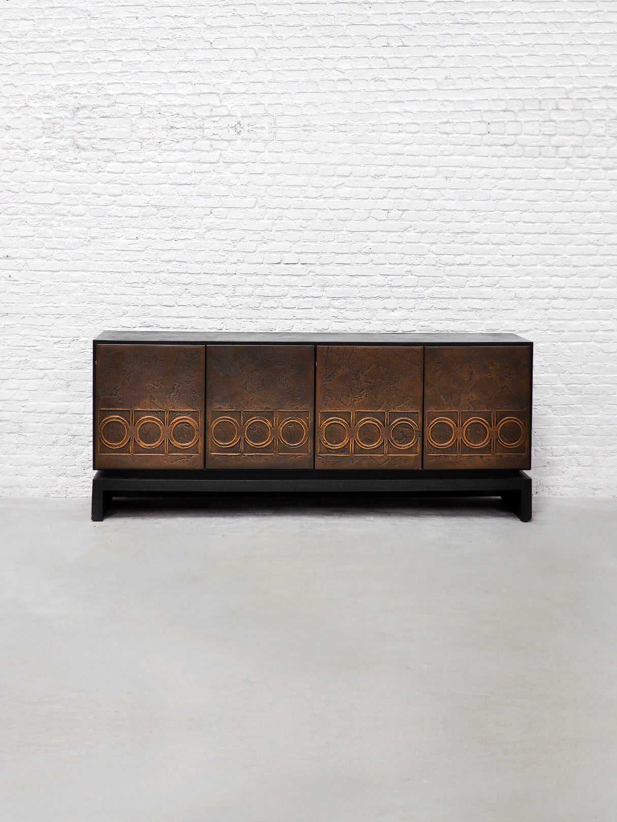 Brutalist Bronze-Clad Sideboard with Textured Wood Frame, 1970's