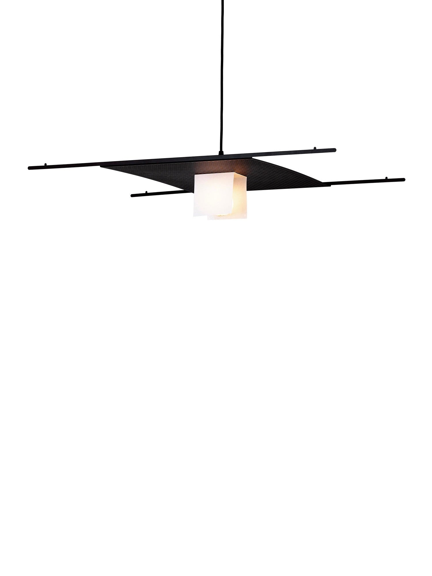 Introducing the Sail Pendant Light – Lava by TEGET, a minimalist ceiling light with a square white shade elegantly suspended within a larger flat black panel, anchored by rods at each corner—an exquisite pendant against a crisp white backdrop.