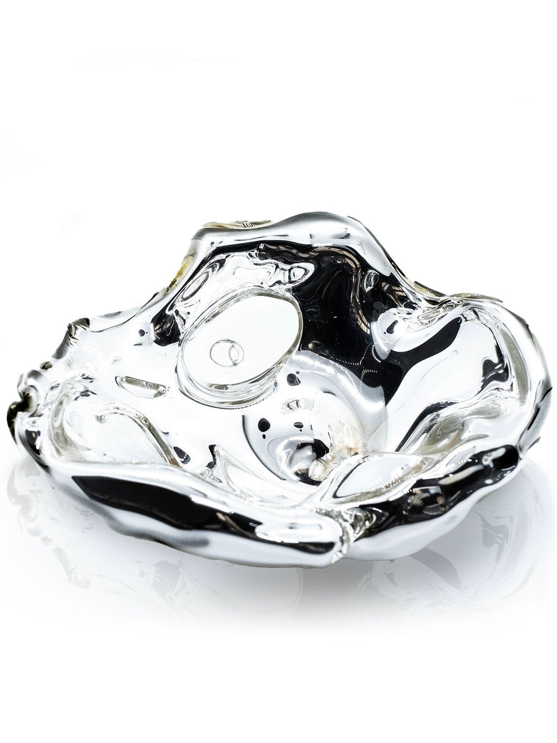 Molten silver glass ashtray with organic curved edges detail